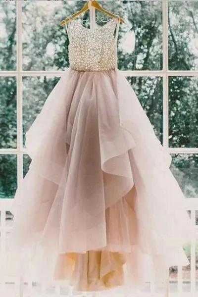 A line Scoop Neckline Organza Long Custom Affordable Open Back Wedding Dresses