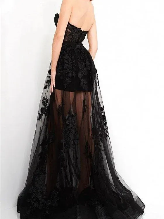 A Line Strapless Tulle Floor-Length Evening Dress with Flowers