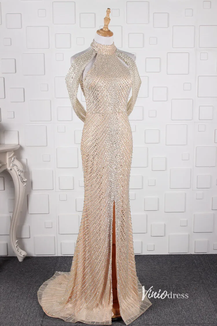 Beaded Halter Evening Dress Cold Shoulder Vintage Prom Dresses with slit FD2804