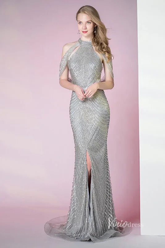 Beaded Halter Evening Dress Cold Shoulder Vintage Prom Dresses with slit FD2804