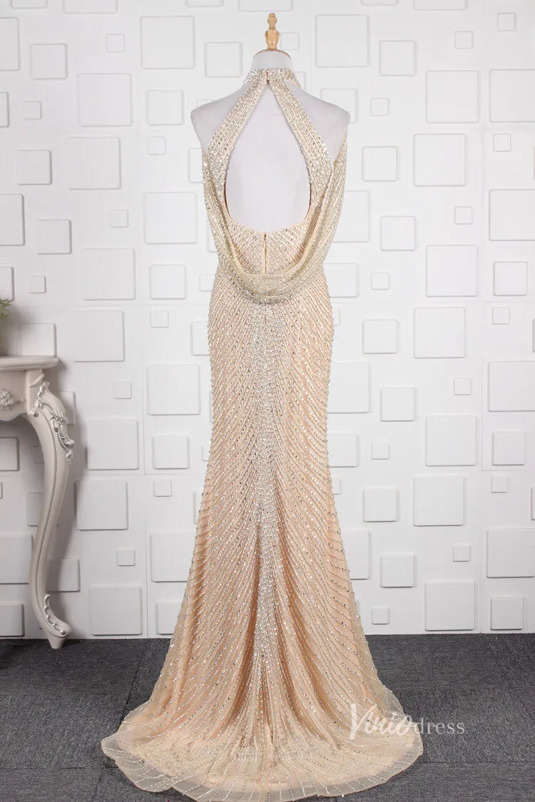 Beaded Halter Evening Dress Cold Shoulder Vintage Prom Dresses with slit FD2804