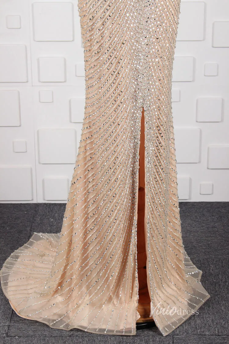 Beaded Halter Evening Dress Cold Shoulder Vintage Prom Dresses with slit FD2804