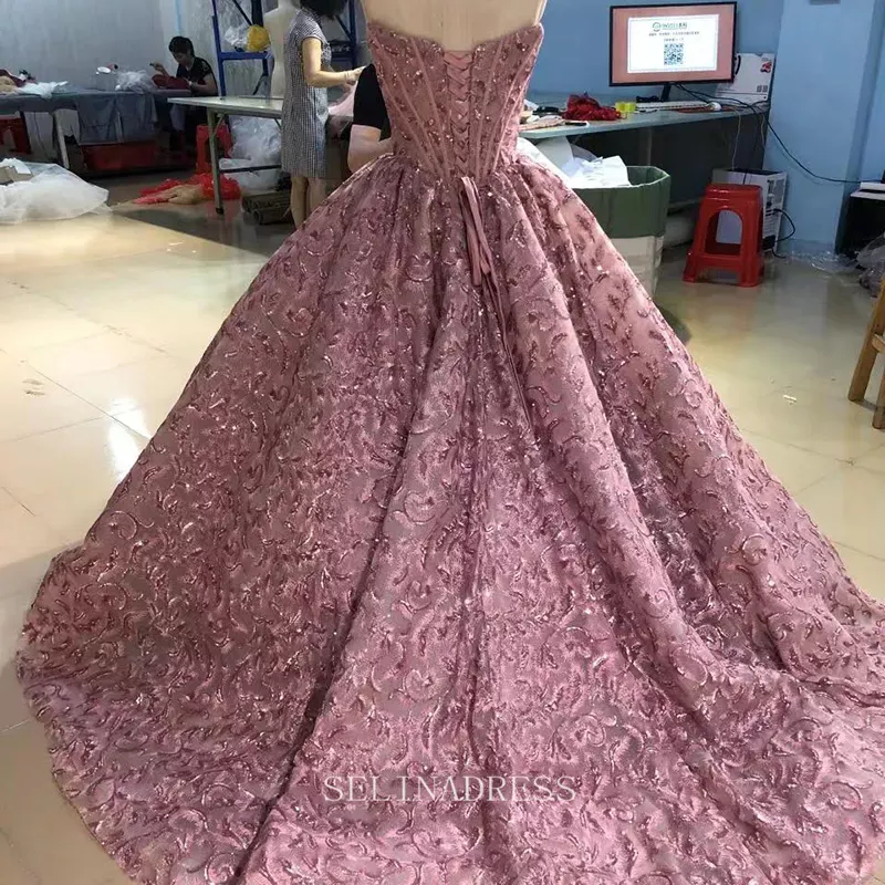 Beautiful Pink Off Shoulder Quincess Ball Gown Feather Evening Dresses LS7757 Selinadress