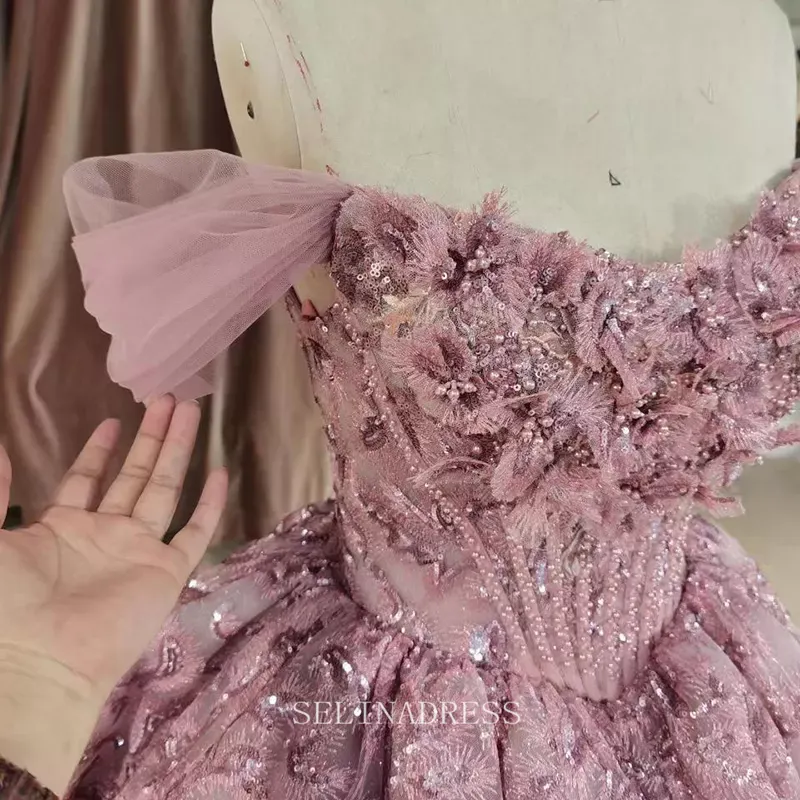 Beautiful Pink Off Shoulder Quincess Ball Gown Feather Evening Dresses LS7757 Selinadress