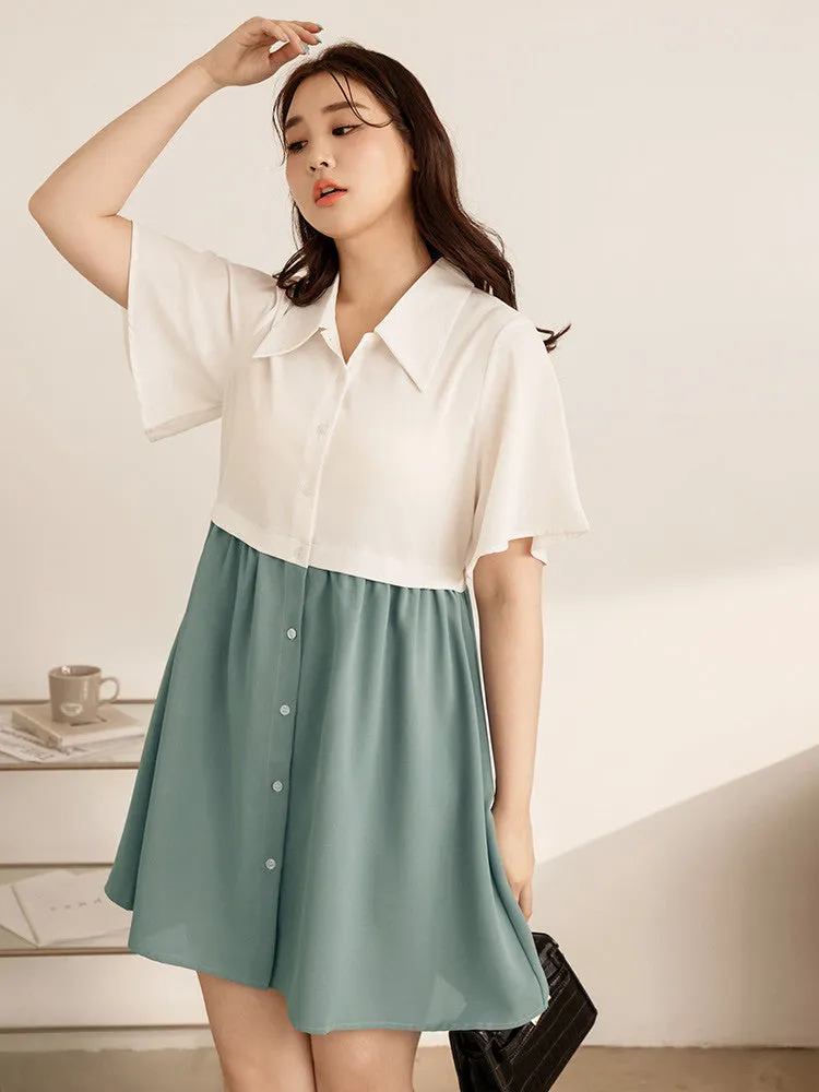 Colorblock Short Button Mini Shirt Dress