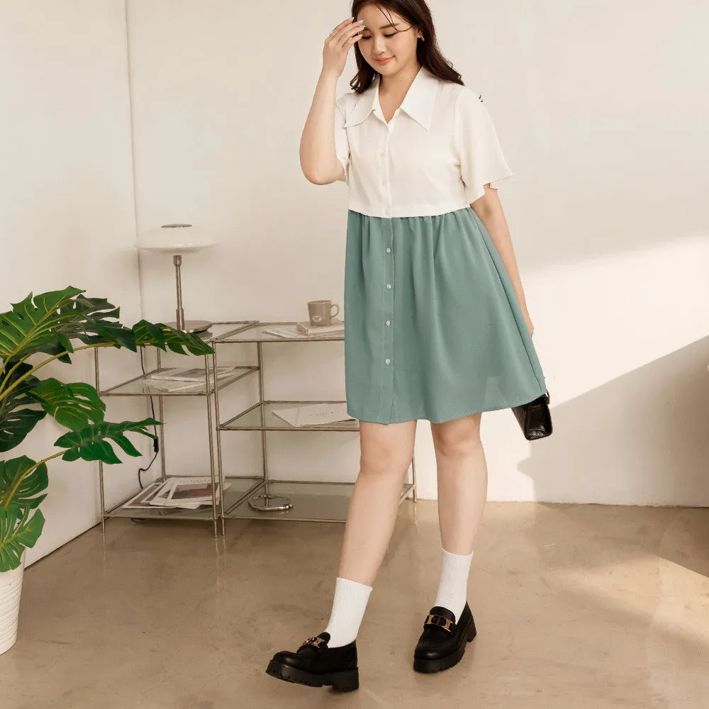 Colorblock Short Button Mini Shirt Dress