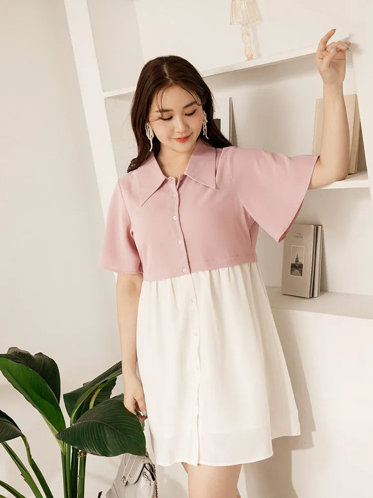 Colorblock Short Button Mini Shirt Dress