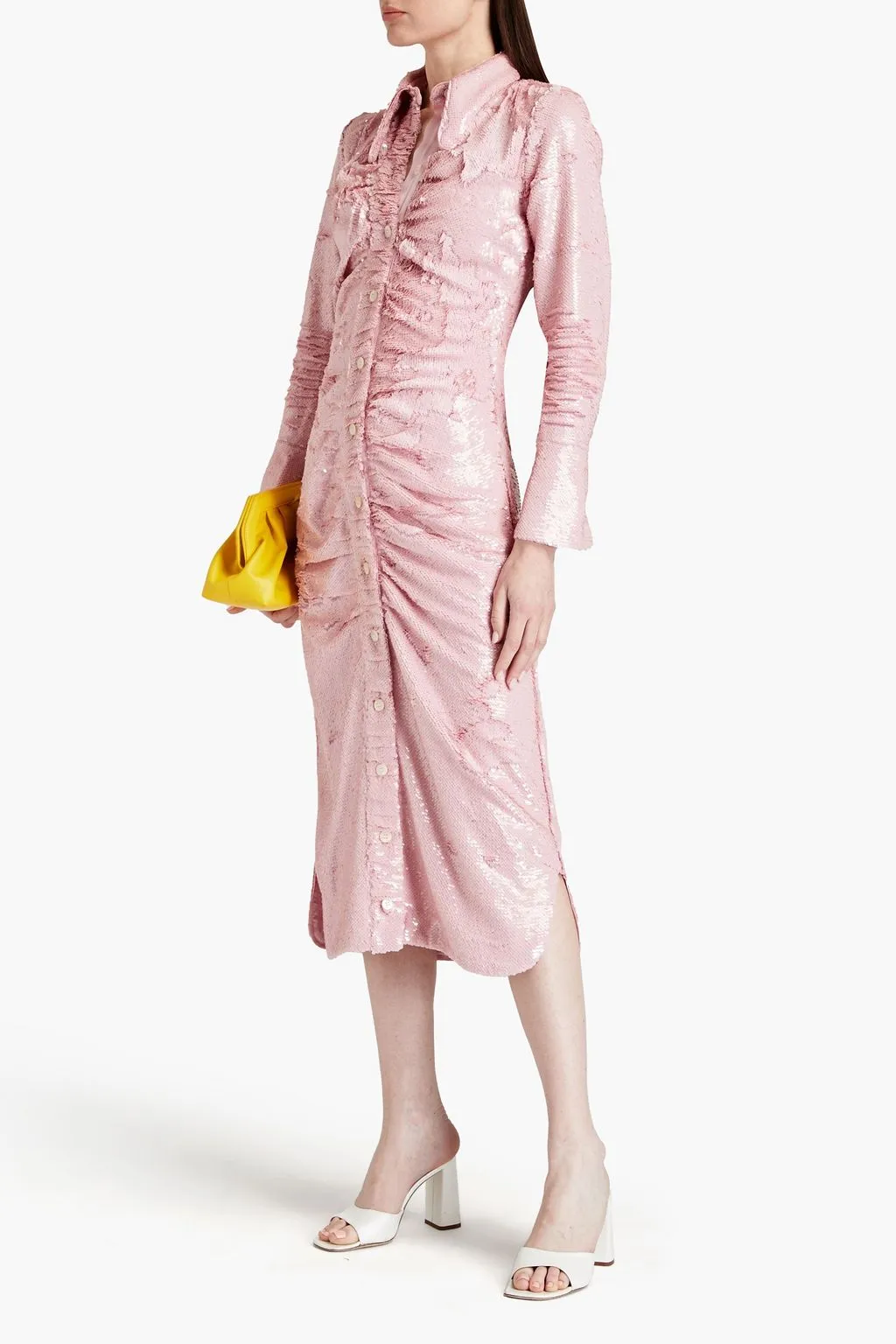 Georgette midi shirt dress with ruffles and sequins GANNI, pink