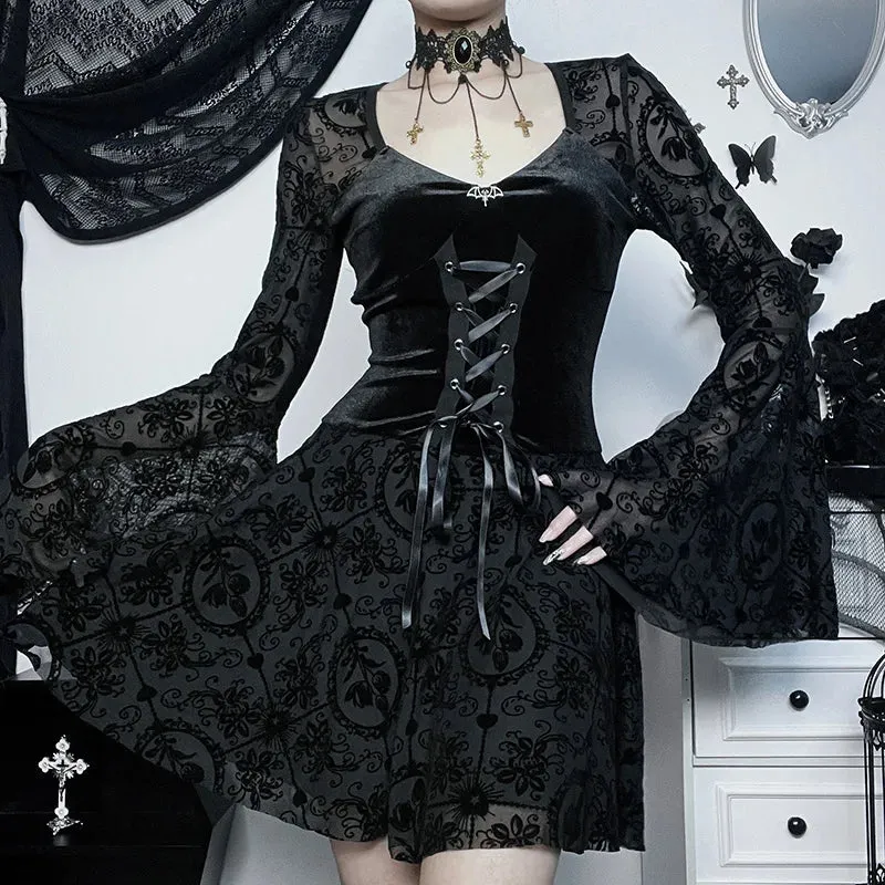 Girlary InsGoth Gothic Long Sleeve Ruffle Mini DressWomen's Vintage V Neck Velvet StretchyBodycon Cocktail Dresses Victorian Blouse