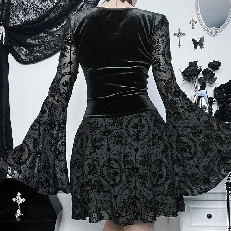 Girlary InsGoth Gothic Long Sleeve Ruffle Mini DressWomen's Vintage V Neck Velvet StretchyBodycon Cocktail Dresses Victorian Blouse