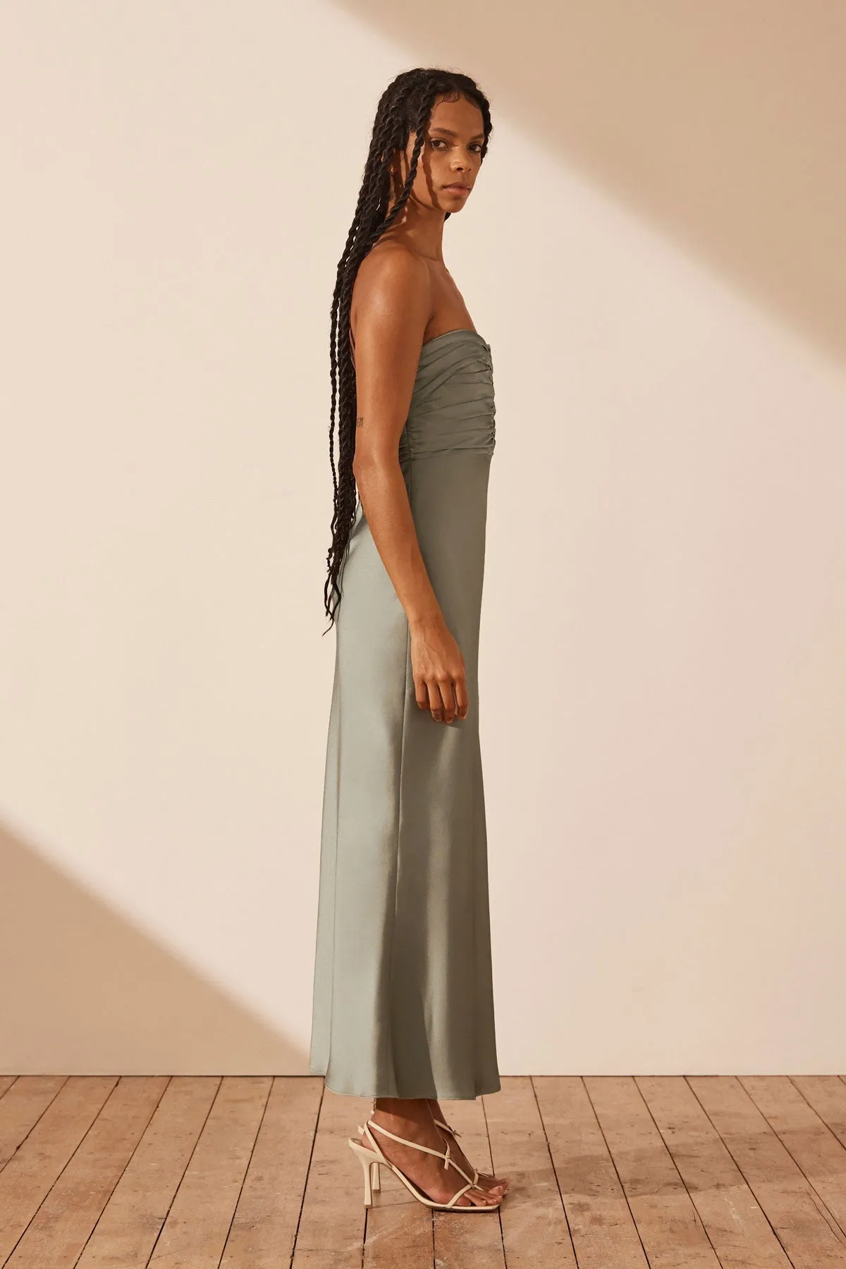 LUXE STRAPLESS RUCHED BODICE MIDI DRESS - EUCALYPTUS
