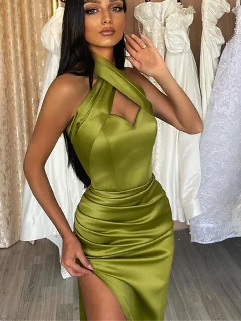 Mermaid Halter Sage Prom Dress Split Satin Long Evening Gowns Formal Dress #POL032