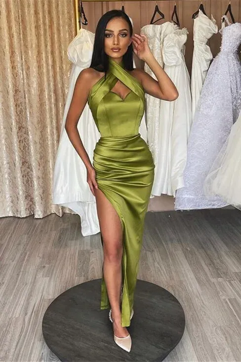 Mermaid Halter Sage Prom Dress Split Satin Long Evening Gowns Formal Dress #POL032