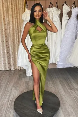 Mermaid Halter Sage Prom Dress Split Satin Long Evening Gowns Formal Dress #POL032