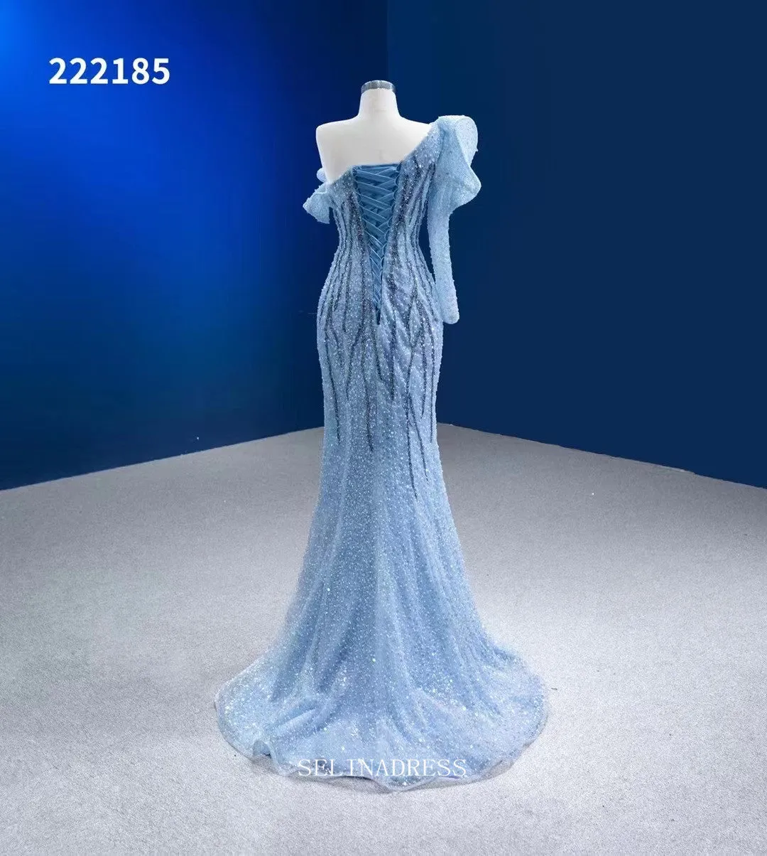 Mermaid One Shoulder Sky Blue Prom Dress Long Sleeve Sequins Pageant Dress RSM222185