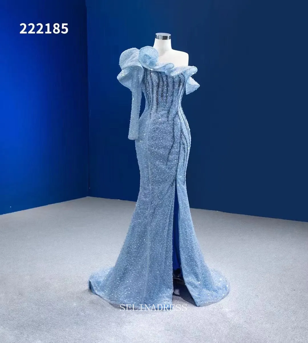 Mermaid One Shoulder Sky Blue Prom Dress Long Sleeve Sequins Pageant Dress RSM222185