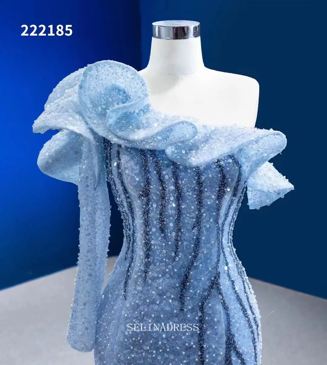 Mermaid One Shoulder Sky Blue Prom Dress Long Sleeve Sequins Pageant Dress RSM222185