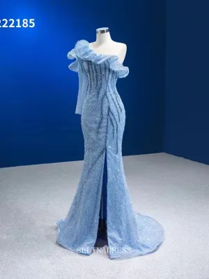 Mermaid One Shoulder Sky Blue Prom Dress Long Sleeve Sequins Pageant Dress RSM222185