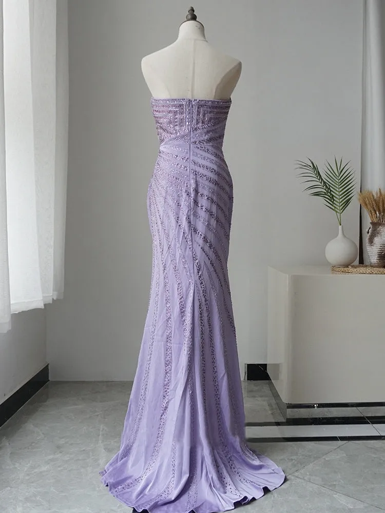 Mermaid Strapless Lilac Luxury Long Prom Dress Beaded Evening Gowns GKF002