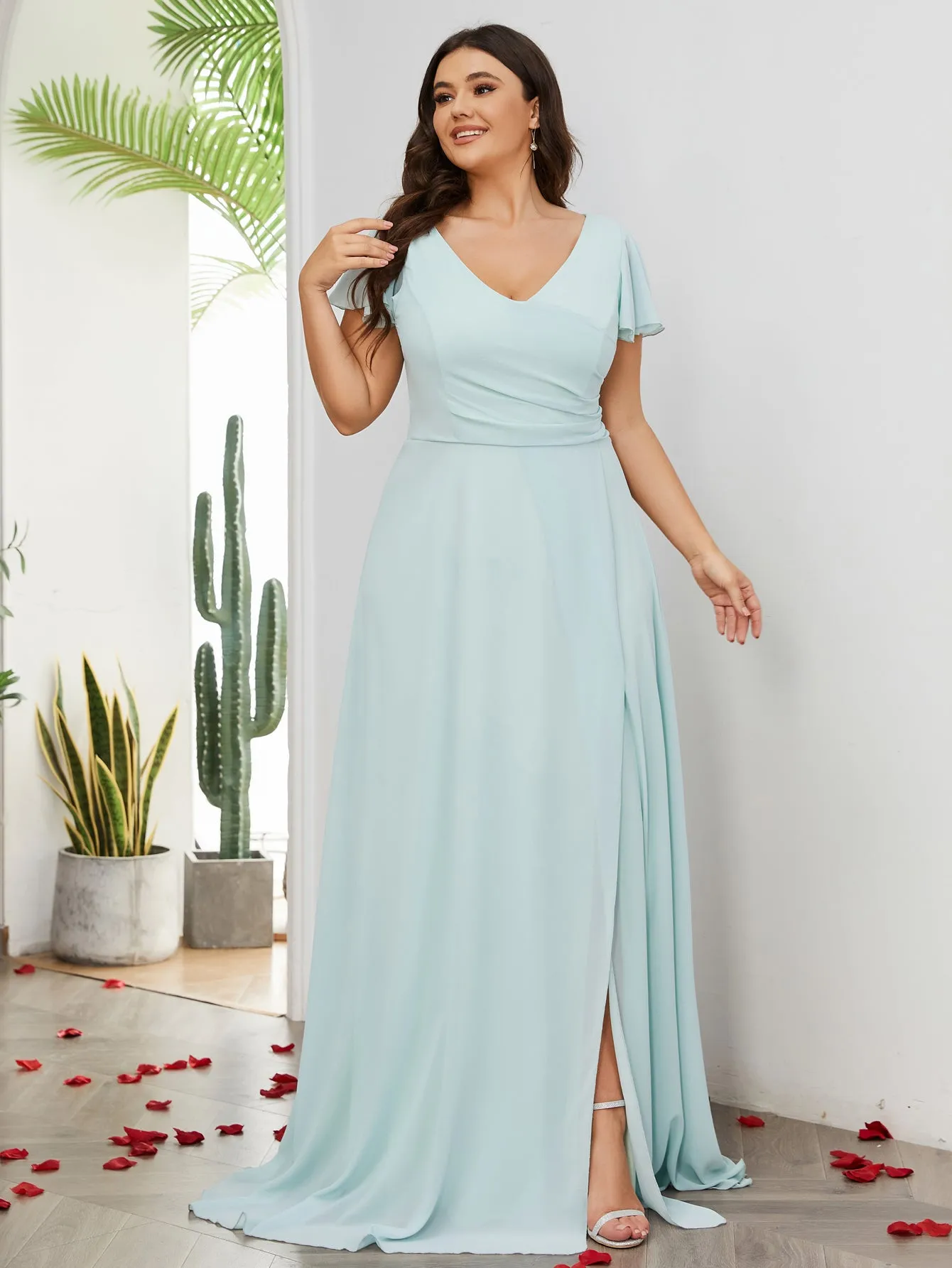 Women Plus Size V-neck Chiffon Split Thigh Ruffle Sleeve Bridesmaid Dresses